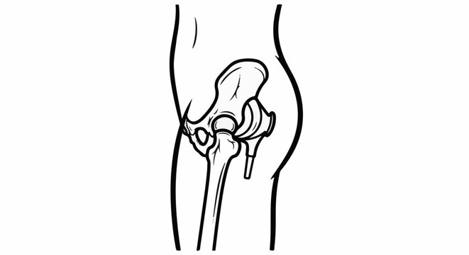 Line drawing of a human hip joint with a prosthesis