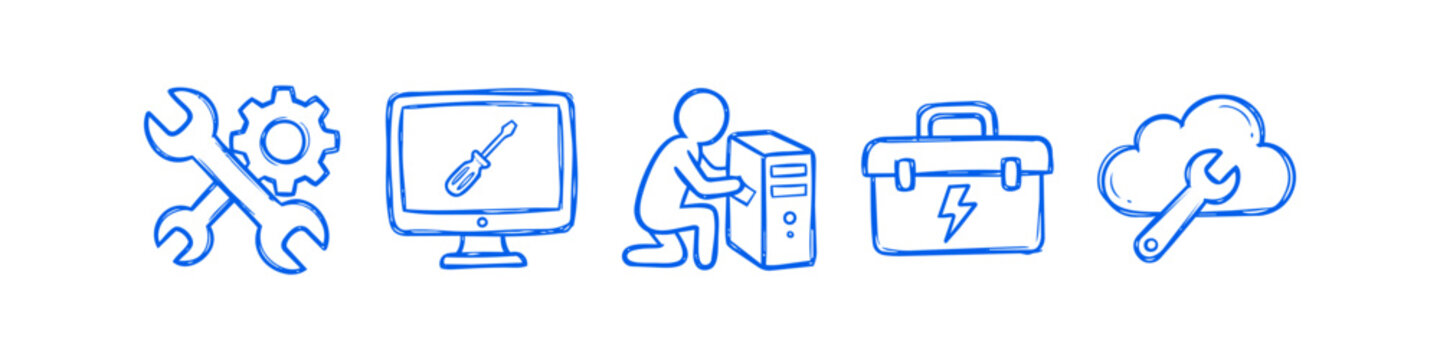 Set of blue hand-drawn icons for computer repair, IT support, and maintenance, featuring wrenches, gear, monitor, technician with PC, toolbox, and cloud service symbols in a doodle style.