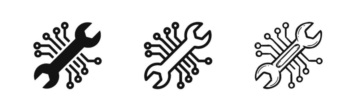 Digital Repair and Technical Support Icons with Wrench and Circuit Lines