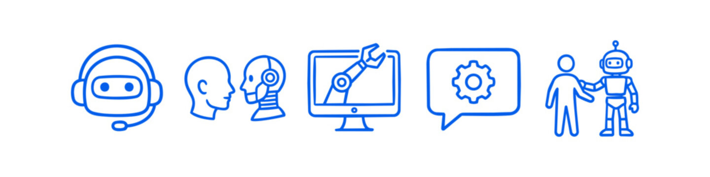 Set of blue line icons representing artificial intelligence, robotics, and automation. Includes chatbot, human-robot interaction, robotic arm, and smart technology symbols.