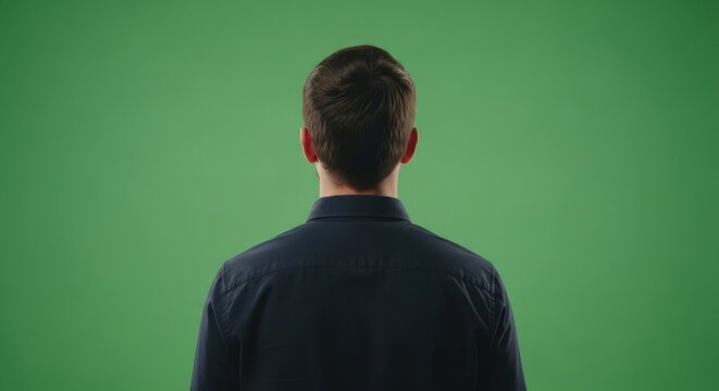 Man standing alone facing green screen background from behind