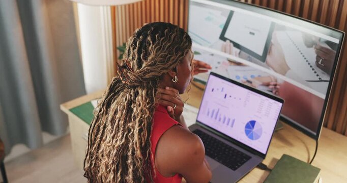 Black woman, remote work and neck pain with laptop for website, screen and project feedback. Above freelancer, graphic designer and tech in home office for communication, design process and strain