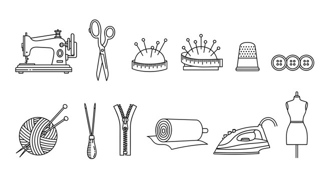 Sewing and Tailoring Equipment Outline Icons Set, Sewing Machine, Scissors, Pin Cushion, Thimble, Yarn, Zipper, Iron and Mannequin Vector Graphics