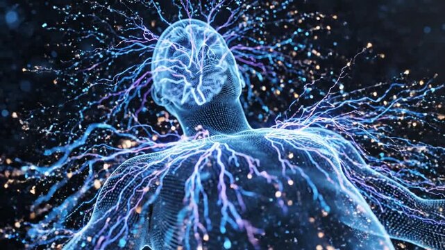 Futuristic digital human silhouette sleeping peacefully surrounded by glowing neural network energy and vibrant blue data streams in a dark cinematic cybernetic visualization.