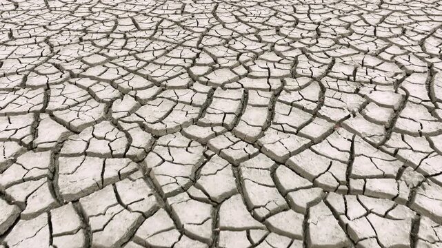 Aerial shot looking down at the cracked surface of a dry lake.