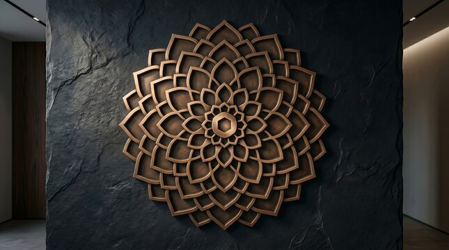 Intricate wooden mandala art piece provides a captivating focal point on a dark, textured wall surface.