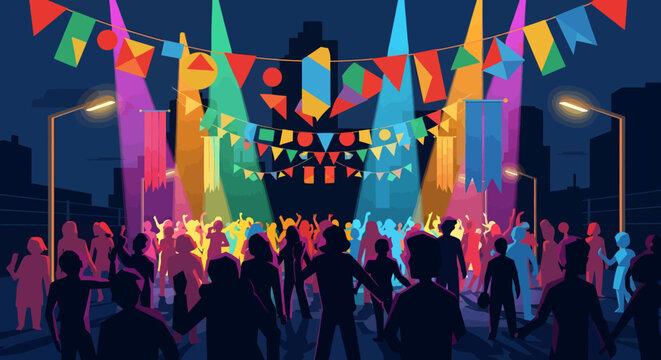Vibrant nighttime festival with colorful flags and people dancing