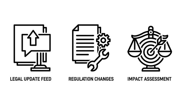 Legal update feed regulation changes impact assessment icons with speech bubble up arrow legal system regulation assessment illustration document business government accuracy up arrow