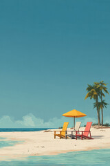 Fototapeta premium Relaxing beach scene with colorful chairs and palm trees under a clear sky