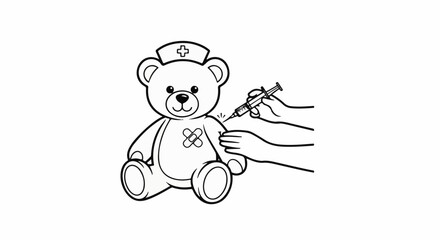 Obraz premium A teddy bear wearing a nurse's hat receives a shot