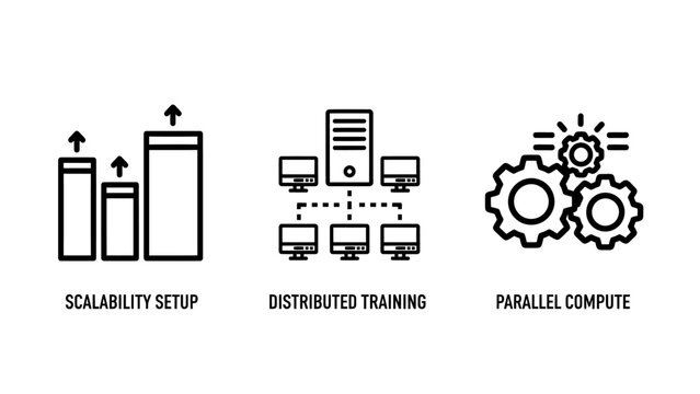 Icons for scalability setup distributed training parallel compute with bars chart data processing high performance machine learning artificial intelligence big data server farm web icon