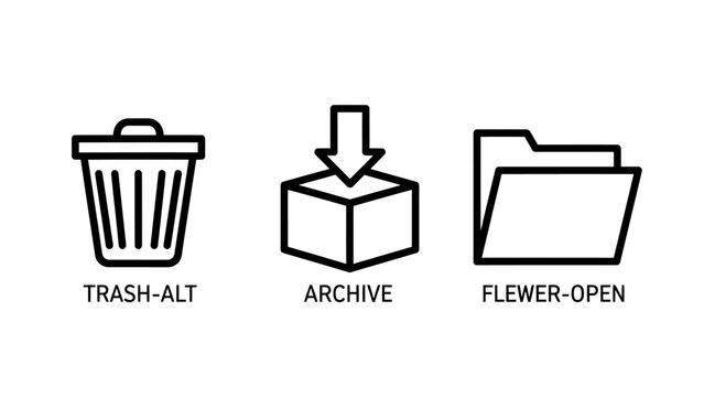 Trash can icon archive box icon open folder icon with line art document organize management interface collection minimalist illustration software computer technology business administratio