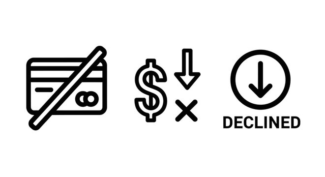 Credit card declined icons: payment failed currency exchange loss transaction declined with declined transaction currency exchange prohibited business shopping commerce purchase