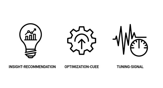Icons for insight recommendation optimization guide tuning signal representing business intelligence and performance monitoring recommendation optimization business intelligence performance