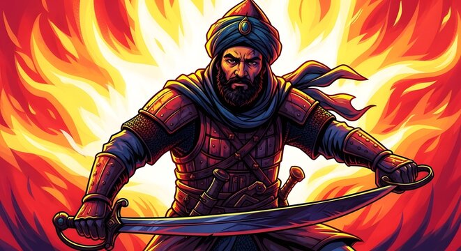 Legendary warrior stands resolute amidst a blazing inferno, his sharpened blade ready for combat, an embodiment of unwavering strength and historical valor