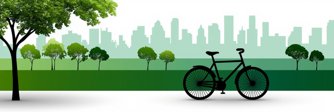 A 2D flat vector illustration promoting eco-friendly transportation,green bicycle parked, lush green landscape with leafy trees,sustainability and healthy urban living.