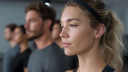 Obraz premium Thoughtful profile of a woman in a professional group setting demonstrating deep focus during a modern seminar or corporate training session