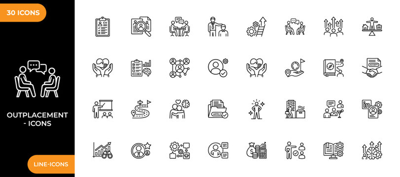 Outplacement line icon set. Detailed line icons for outplacement services and job searching process. Vector illustration.