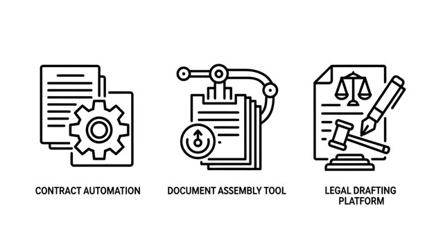 Legal technology and contract automation icons illustrating document assembly and drafting platforms with contract automation document assembly drafting platform technology agreement attorney