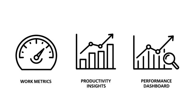 Professional business data icons representing work metrics productivity insights performance dashboard with financial charts and graphs productivity performance dashboard analytics analysis