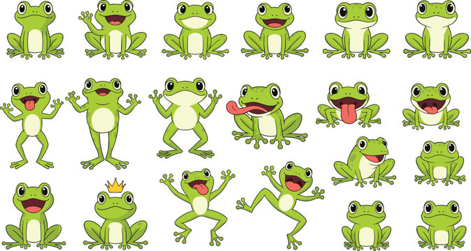 Cute green frog mascot set featuring various poses and emotions like waving jumping wearing a crown and sticking tongue out for kids design stickers