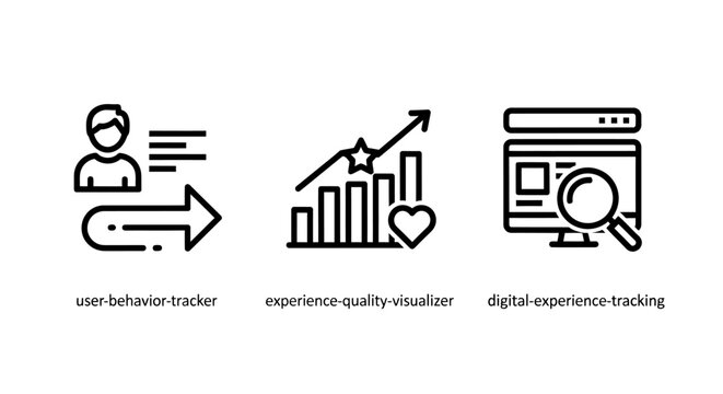 Business data analytics icons showing user behavior tracks performance quality metrics with bar charts client conversion timeline on a computer monitor business analytics behavior tracking