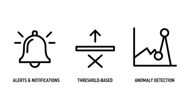 Alerts notifications threshold-based limits and data anomaly detection icons with notifications threshold detection analysis monitoring illustration business technology software performance