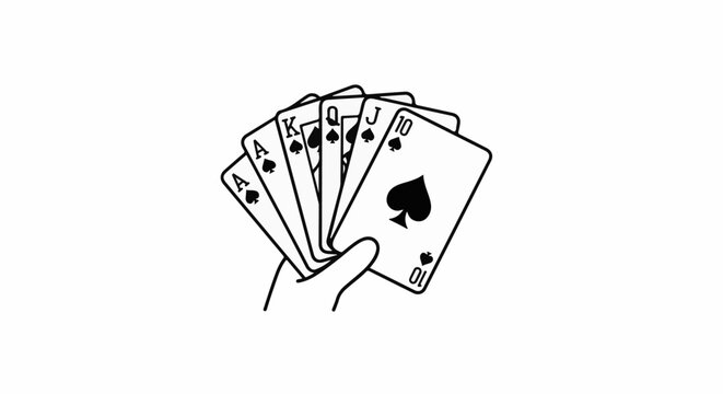 Hand holding a fan of five black spade playing cards