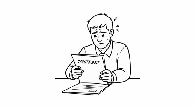 Stressed man in shirt looks at contract document with worried expression