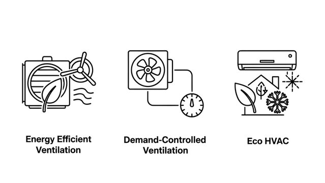 Set of hvac system icons depicting energy efficient demand controlled ventilation and eco-friendly cooling with ventilation efficient conditioning technology environment building infrastructure
