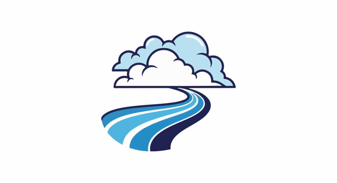 Stylized cloud merges into a flowing river of blue and dark blue stripes