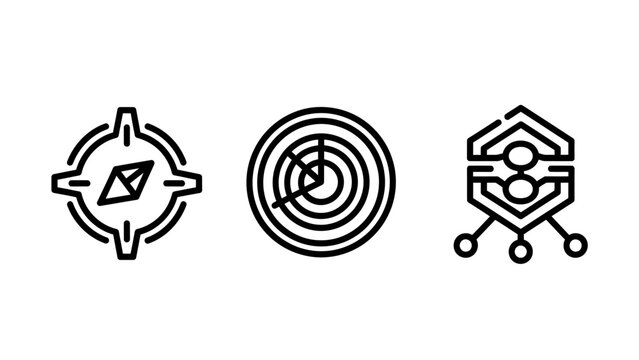 Collection of linear icons illustrating navigation signal range network data architecture for modern technology systems navigation technology connection architecture communication internet