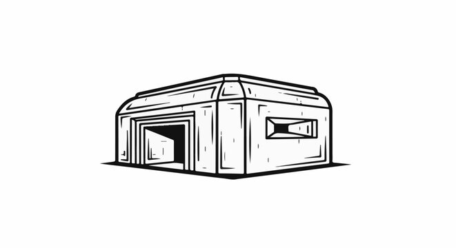 Stark, angular structure with a narrow opening and a gun slit window