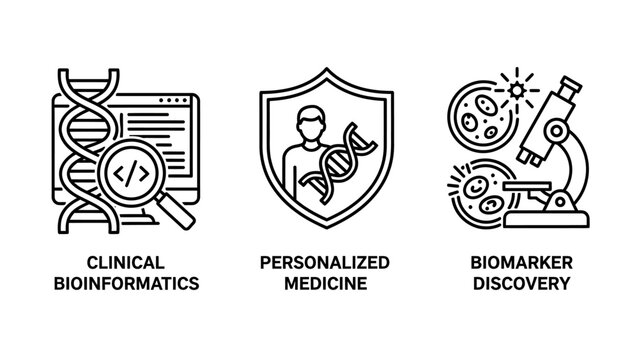 Set of biotechnology and medical science icons: clinical bioinformatics personalized medicine biomarker discovery with biotechnology medicine bioinformatics biomarker microscope genetics