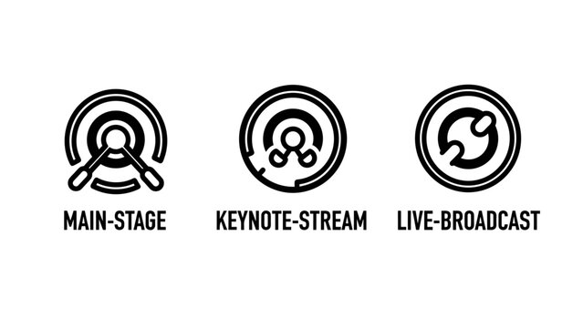 Set of event and live broadcast icons with broadcast streaming presentation conference technology communication production audiovisual performance internet broadcasting equipment connected