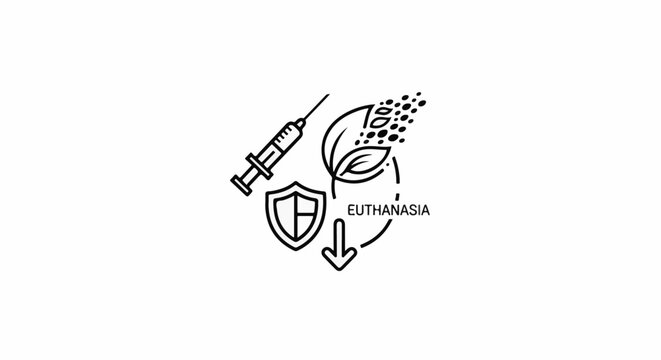 Medical syringe, shield, plant, and arrow symbol relating to euthanasia