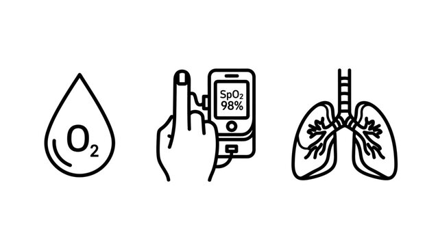 Medical oxygen saturation monitoring icons set with saturation oximeter breathing respiratory diagnostic measurement clinical analysis monitoring hospital wellness respiration equipment
