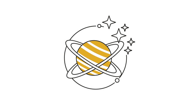 Minimalist vector illustration of a golden striped planet with rings and sparkling stars, representing space, astronomy, and cosmic exploration.