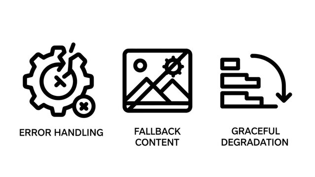 Set of software development and UI UX icons featuring error handling fallback content graceful degradation software development programming handling fallback graceful degradation interface