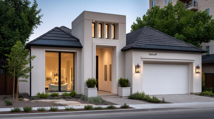 Fototapeta premium Modern suburban home exterior with large windows, white walls, black roof, illuminated entrance, and landscaped front yard at dusk