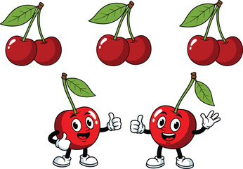  Cute Cherry Cartoon Mascot Character Vector Illustration Set with Fresh Red Cherry Fruit and Funny Face Expressions © MdRezaul
