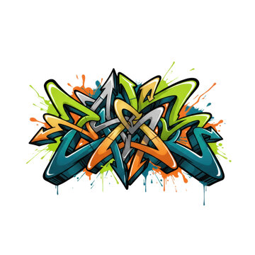 Vibrant wildstyle graffiti mural with overlapping interconnected letters, sharp angles and energetic paint splatters against a transparent background, urban energy