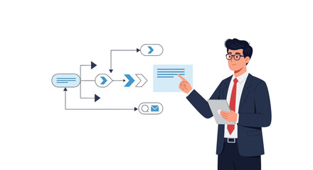 Fototapeta premium Businessman pointing at flowchart, process diagram, workflow and data management concept