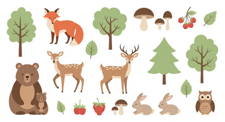 Fototapeta premium Forest Wildlife Vector Set with Bears, Foxes and Deer in Soft Nature Pastel Illustration Sticker Bundle