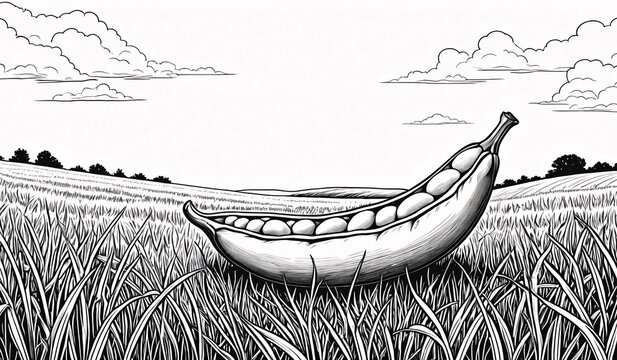 Black and white coloring book page, An isolated bean pod gazing into the distance in a warm meadow 
