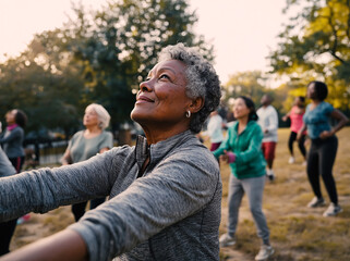 Fototapeta premium A cheerful white-haired elderly lady exercises happily in a park at morning sunrise. She dances with other seniors on the path, surrounded by green trees and warm sunlight, showing healthy