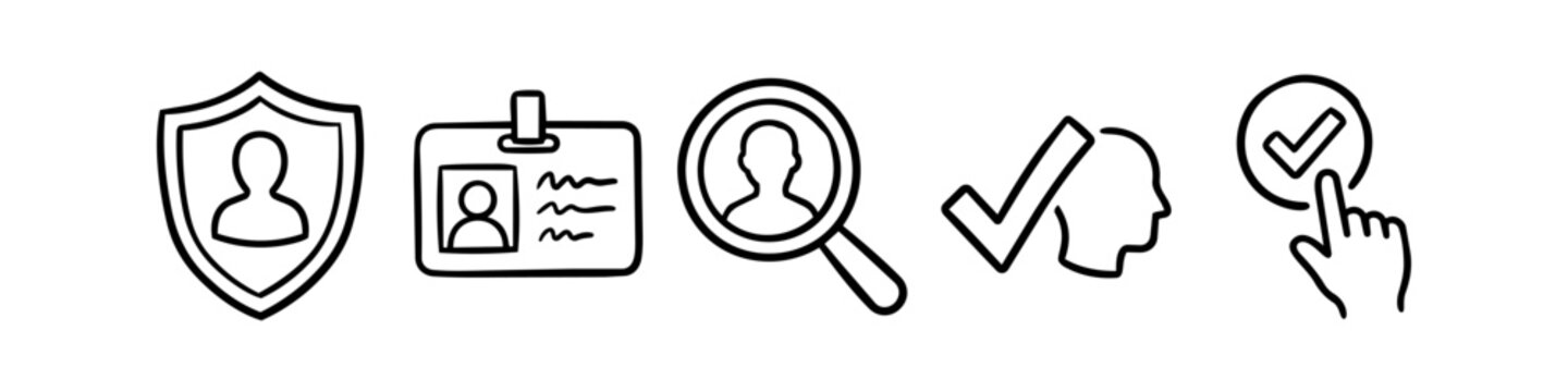 Hand-drawn doodle icons for user verification, identity protection, and security. Set includes symbols for ID cards, search, approval, and personal data authentication in a clean line style.