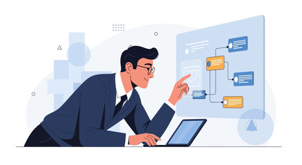 Fototapeta premium Businessman Analyzing Data Flow on Digital Screen with Laptop