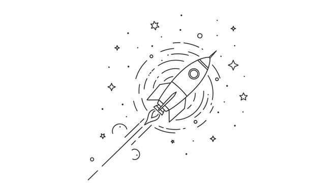 Minimalist outline rocket launching into outer space, surrounded by stars and abstract lines, representing new beginnings, technology, and success concept.