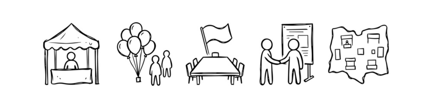 Hand-drawn doodle icons for event planning and exhibitions, featuring a trade show booth, balloons, conference table, handshake, and venue map layout. Ideal for business and marketing use.